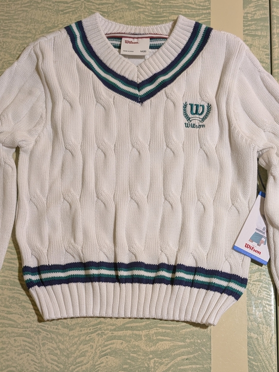 Wilson Sweaters - Wilson Women's White Cable-Knit V-Neck Sweater with Green & Navy Trim